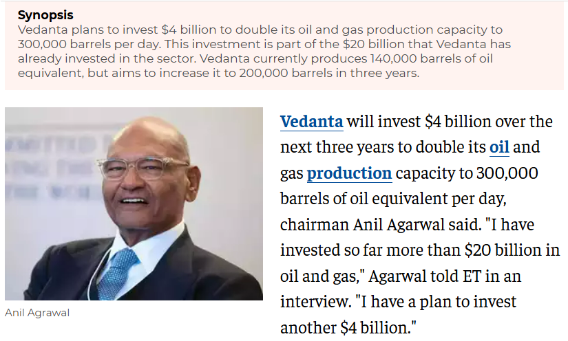 Vedanta’s oil unit to invest $4 billion to boost exploration, says Chairman Anil Agarwal