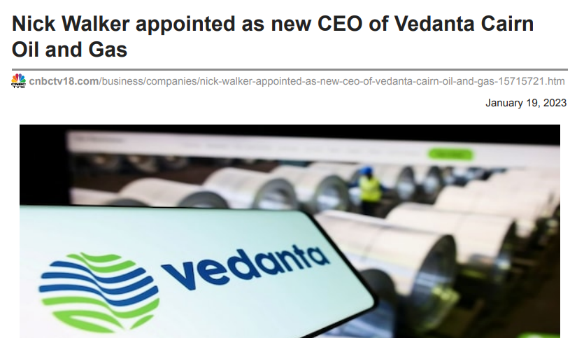 Nick Walker appointed as new CEO of Vedanta Cairn Oil and Gas