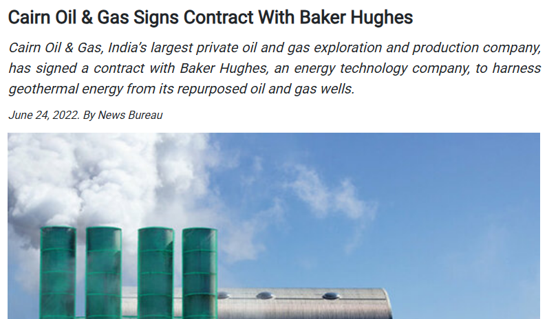 Cairn Oil & Gas signs geothermal energy contract with Baker Hughes