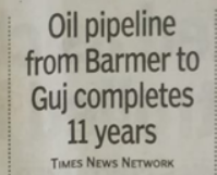 Oil pipeline from Barmer to Guj completes 11 years- The Times of India_29th May