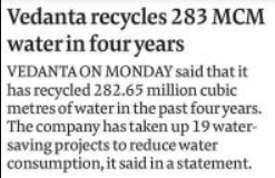 Vedanta recycles 283 MCM water in 4 years