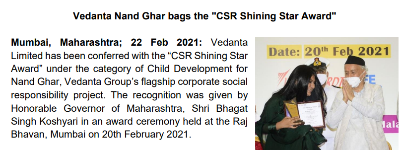 Vedanta’s Nand Ghar project bags ‘CSR Shining Star Award’